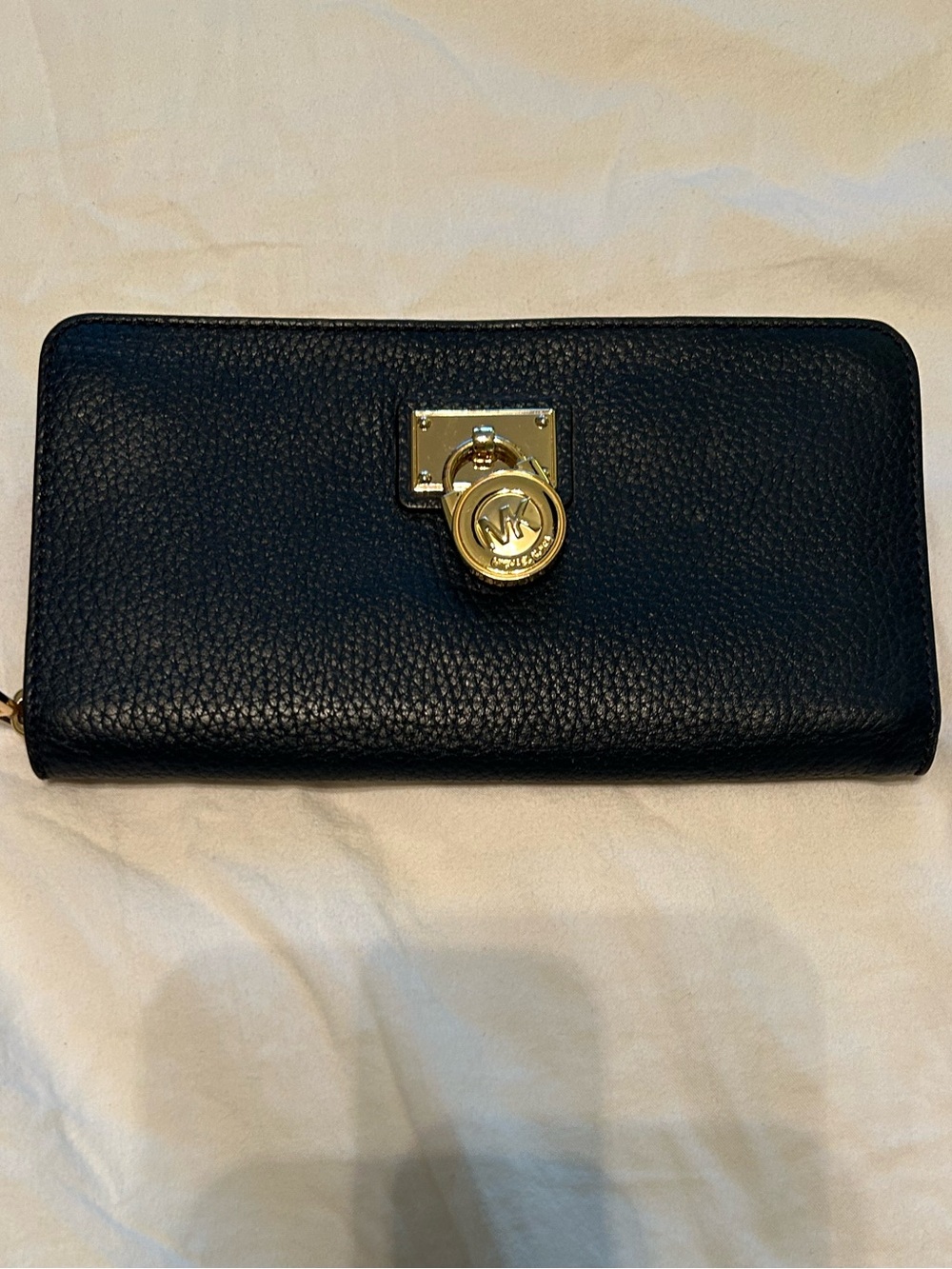 Michael Kors Navy Hamilton Leather Zip Wallet with Gold MK Accent